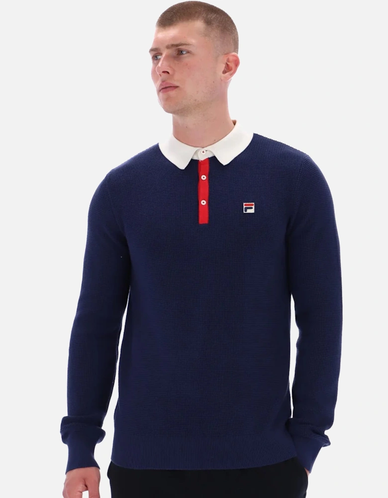 Nowell Waffle Knit Long Sleeve Polo Shirt Navy/Gardenia/Red
