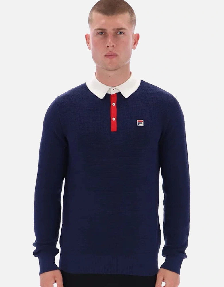 Nowell Waffle Knit Long Sleeve Polo Shirt Navy/Gardenia/Red