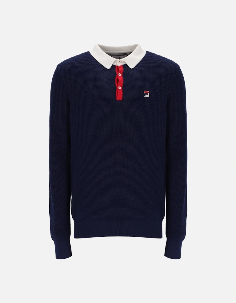 Nowell Waffle Knit Long Sleeve Polo Shirt Navy/Gardenia/Red