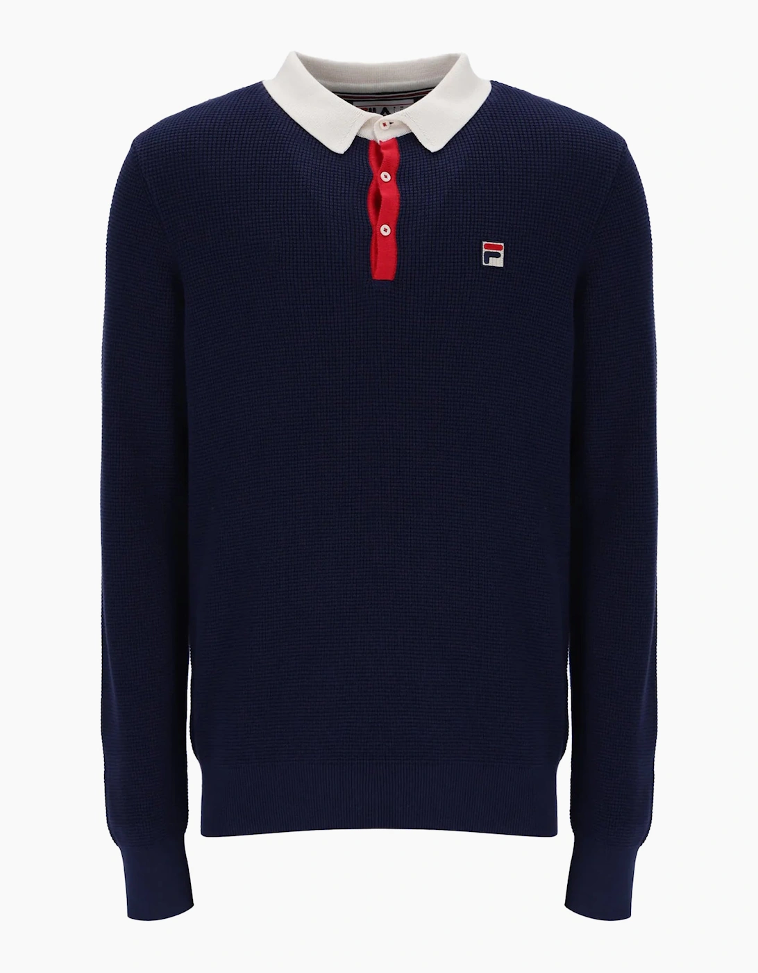 Men's Fila Nowell Waffle Knit Long Sleeve Polo Shirt Fila Navy/Gardenia/Fila Red - Size: L