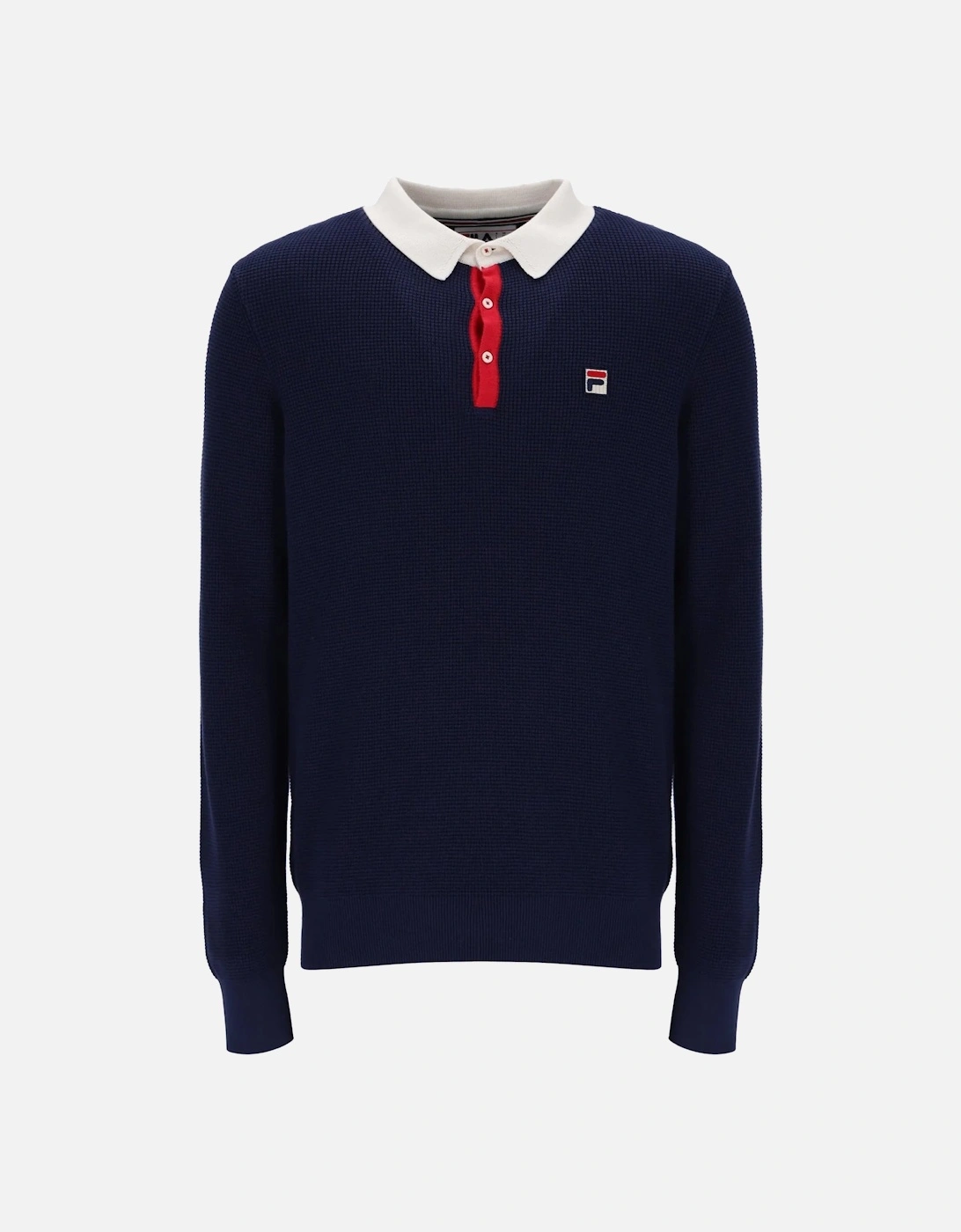 Nowell Waffle Knit Long Sleeve Polo Shirt Navy/Gardenia/Red, 5 of 4