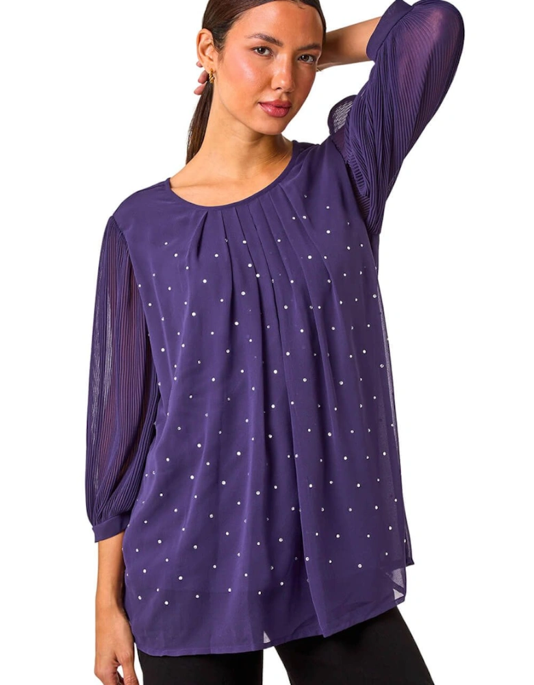 Pleated Sleeve Hotfix Detail Top