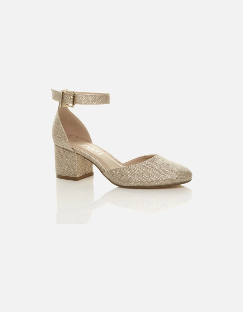 Mid Block Heel Ankle Strap Glitter Mesh 2 Part Heels