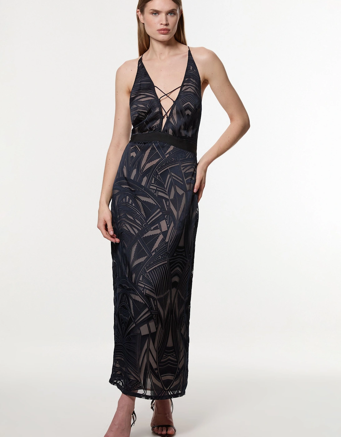 Amelia Graham Burnout Lace Up Detail Woven Column Dress, 2 of 1