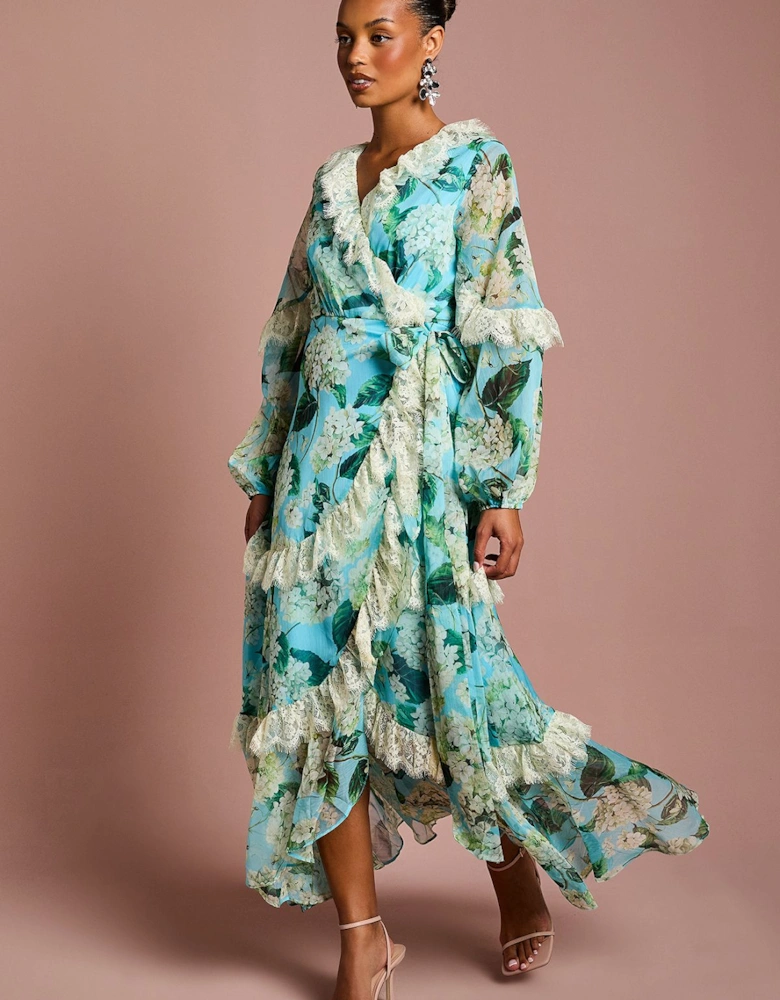 Petite Lace Trim Chiffon Wrap Dress