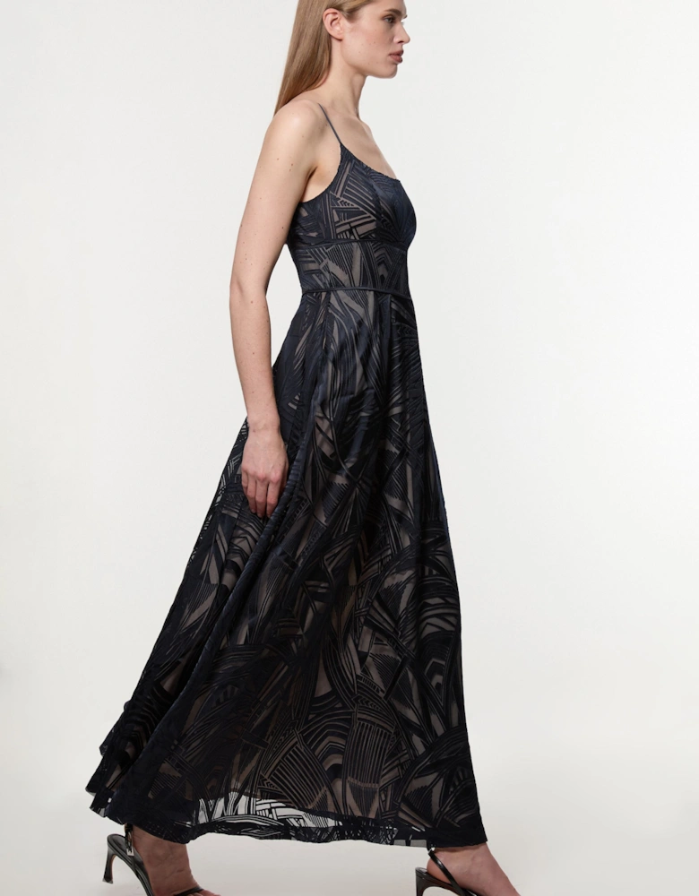 Amelia Graham Burnout Split Woven Prom Strappy Maxi Dress