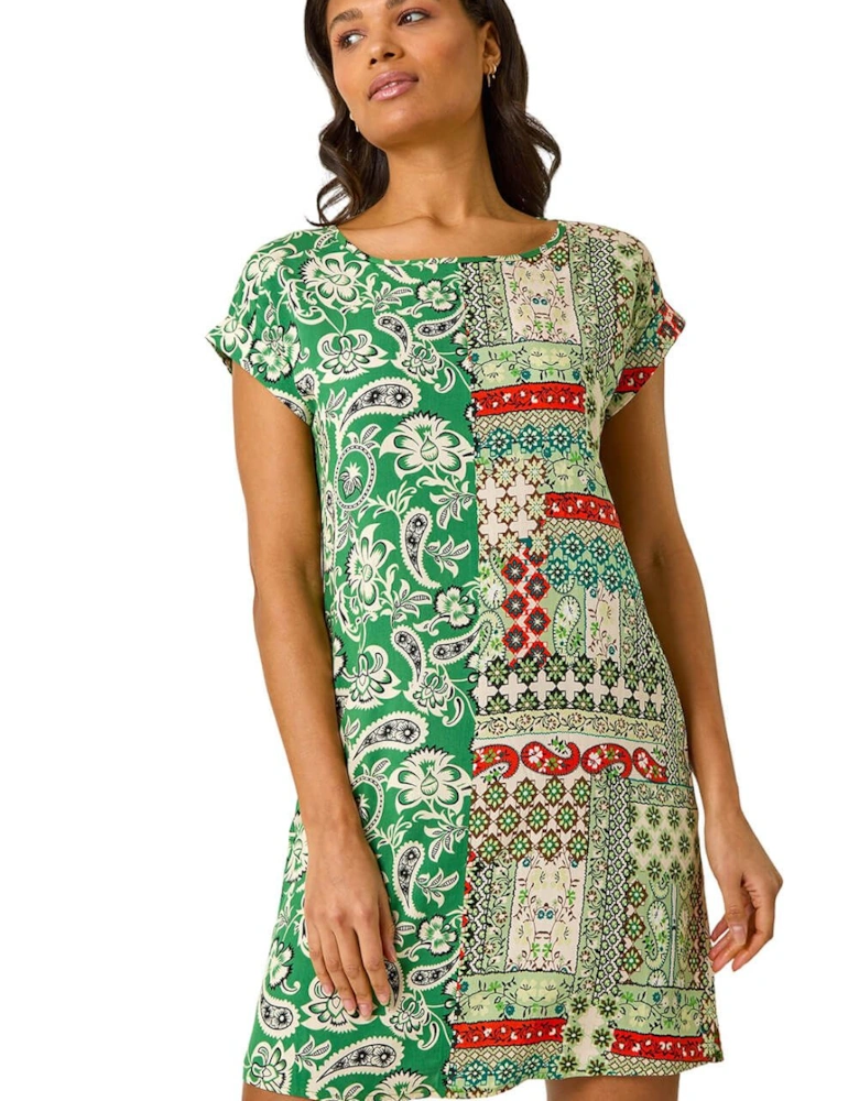 Paisley Print Smocked T-Shirt Dress