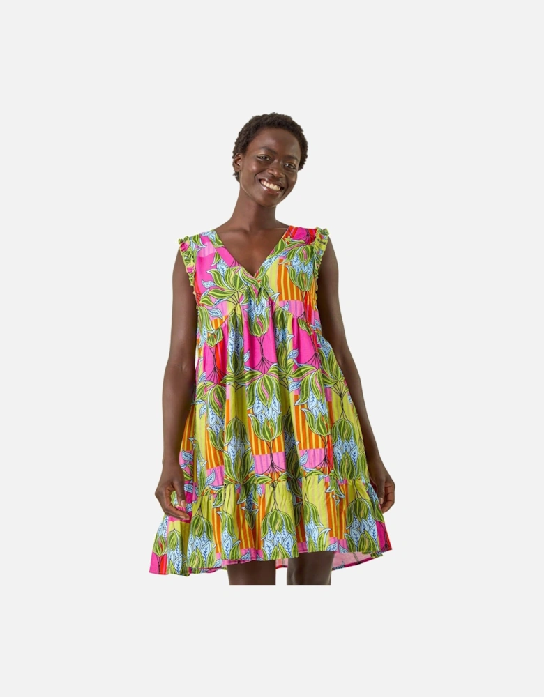 Leaf Print Frilled Smock Dress