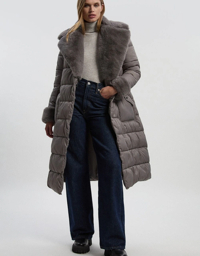 Faux Fur Lined Belted Longline Puffer Coat