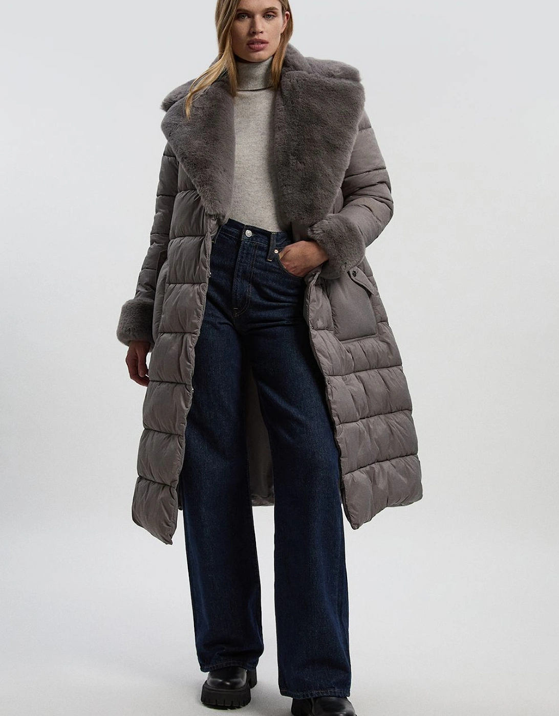 Faux Fur Lined Belted Longline Puffer Coat, 2 of 1
