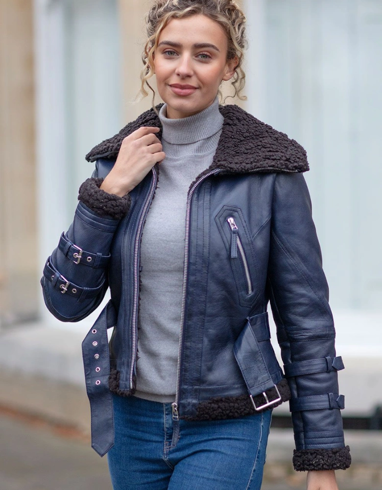 '2420' Ladies Leather Aviator Jacket With Oversized Fur Collar
