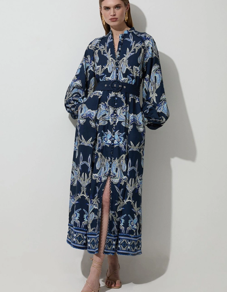Viscose Linen Mirrored Floral Woven Midi Dress With Raffia Belt