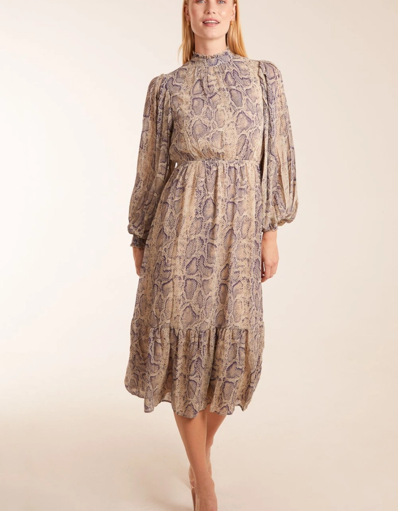 High Neck Pleated Sleeve Reptile Midi Dress