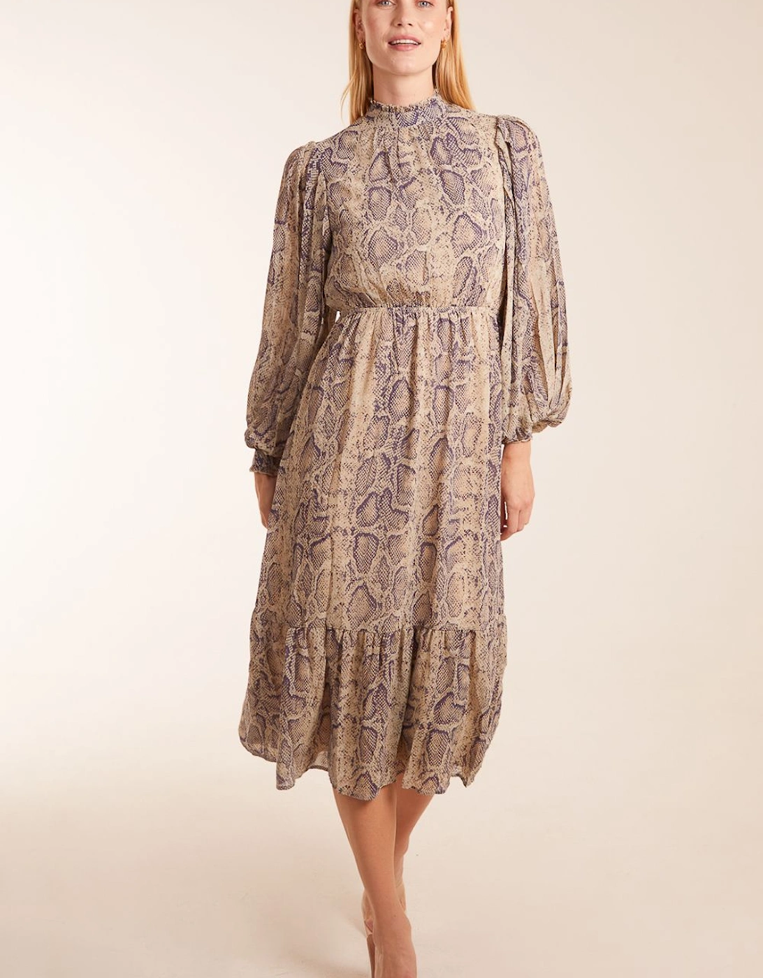 High Neck Pleated Sleeve Reptile Midi Dress, 2 of 1
