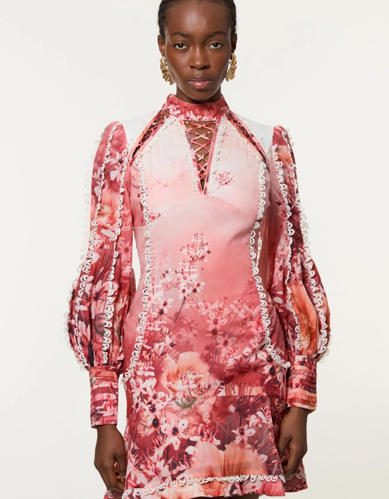 Trailing Floral Woven High Neck Mini Dress