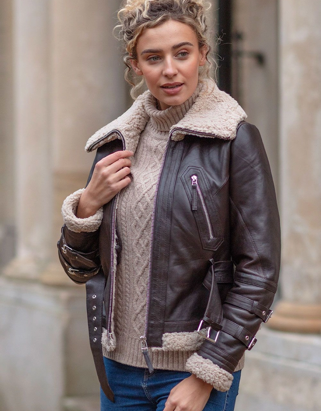 '2420' Ladies Leather Aviator Jacket With Oversized Fur Collar, 2 of 1