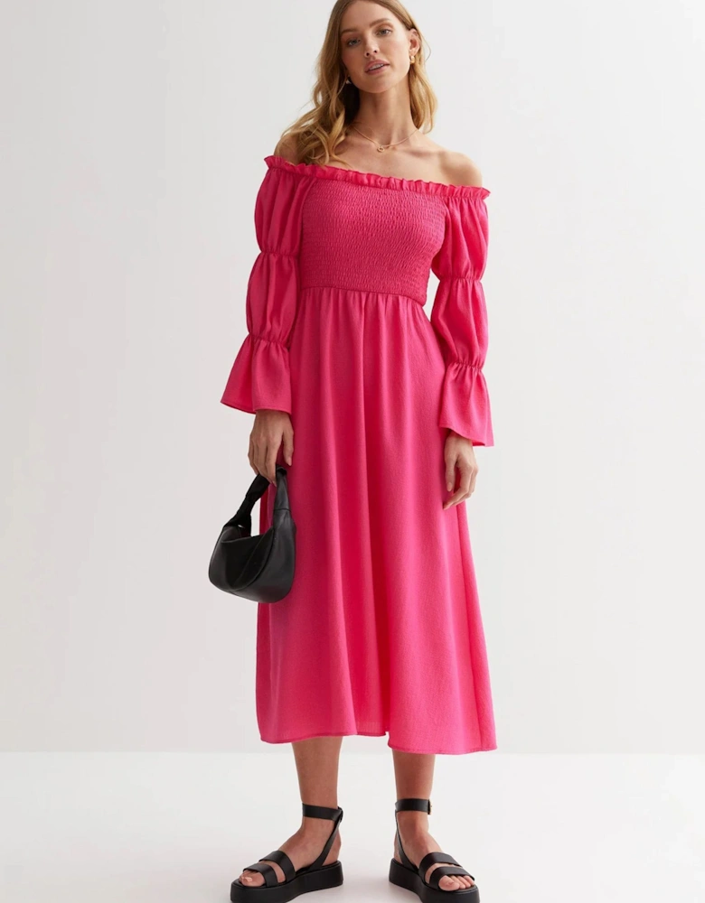 Pink Textured Shirred Top Smock Midi Dress