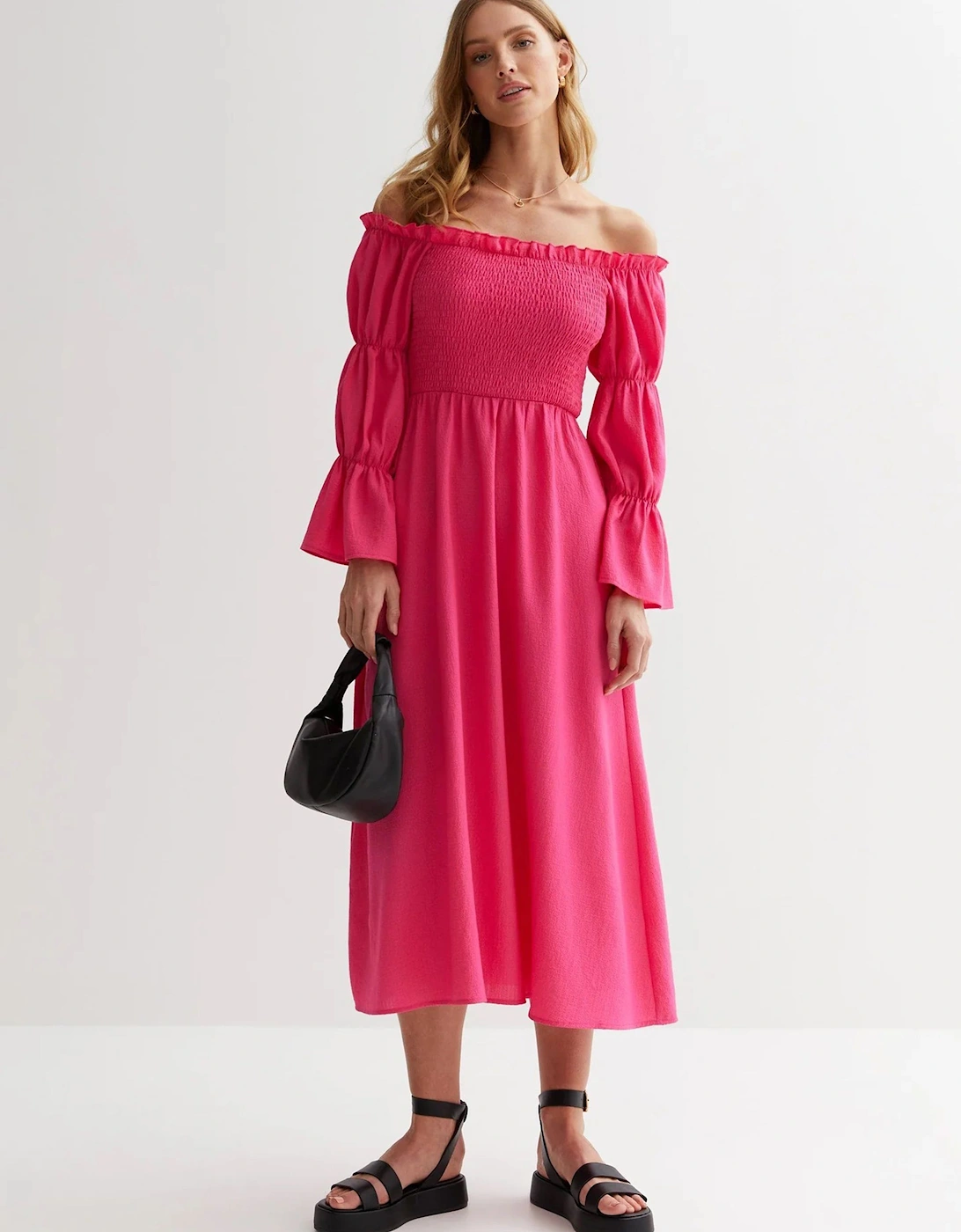 Pink Textured Shirred Top Smock Midi Dress, 2 of 1