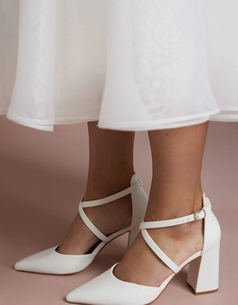 Wide Fit Treat Faux Suede Cross Strap Pointed Block Heel Court Shoes