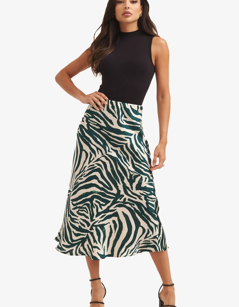 Green Animal Print Satin Bias Cut Midi Skirt