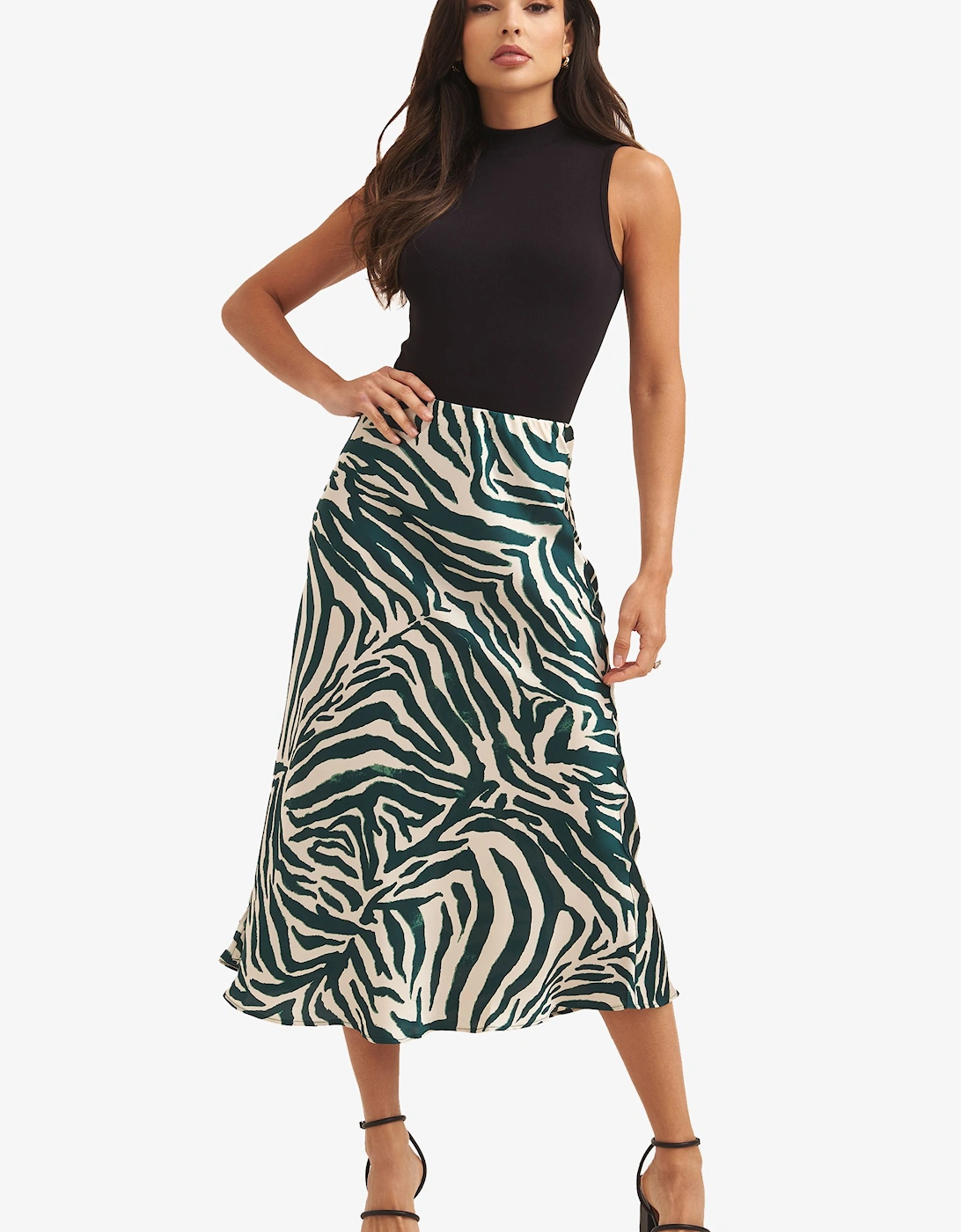 Green Animal Print Satin Bias Cut Midi Skirt, 2 of 1