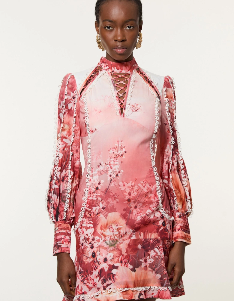 Tall Trailing Floral Woven High Neck Mini Dress