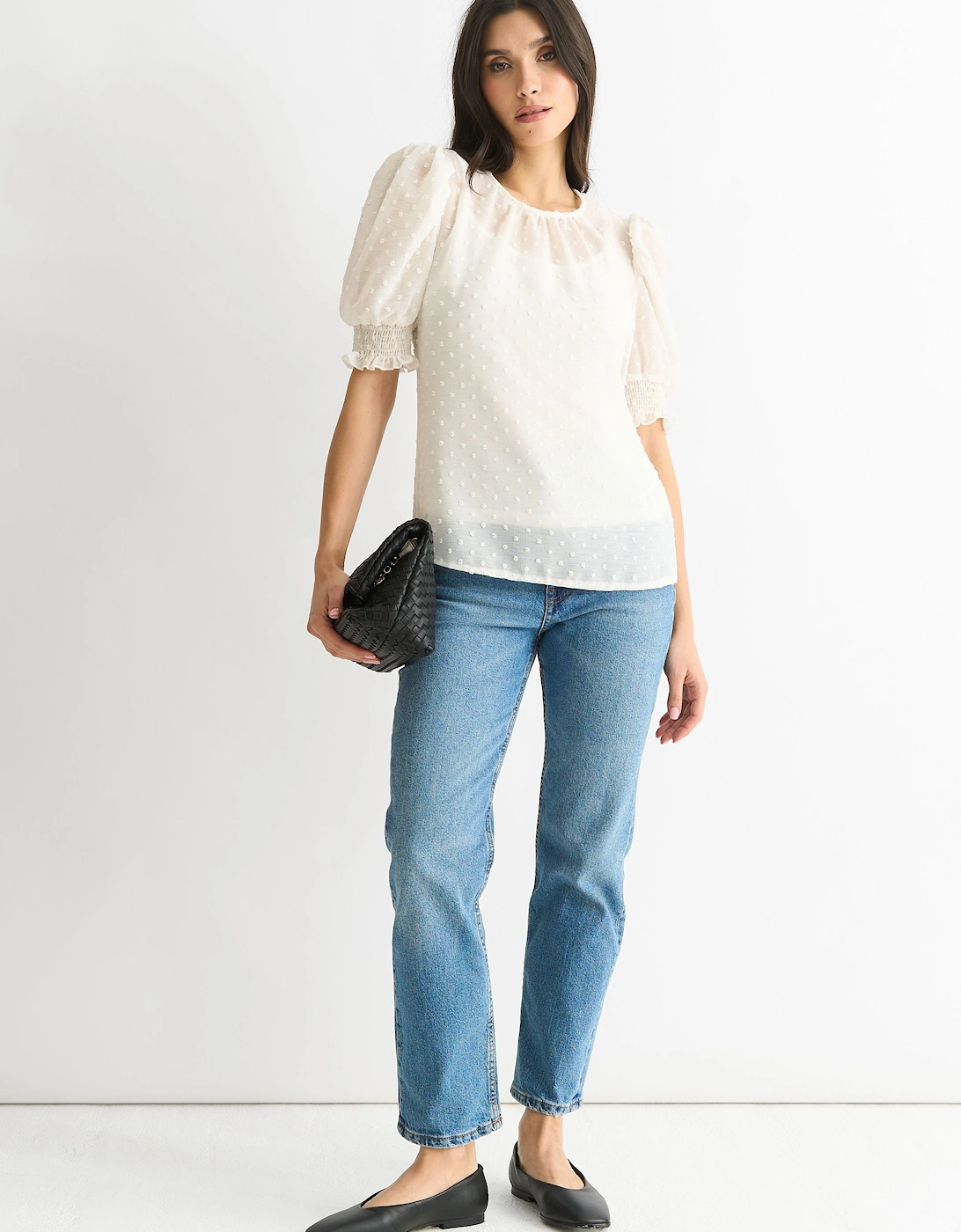 White Dobby Chiffon Shirred Cuff Blouse, 2 of 1