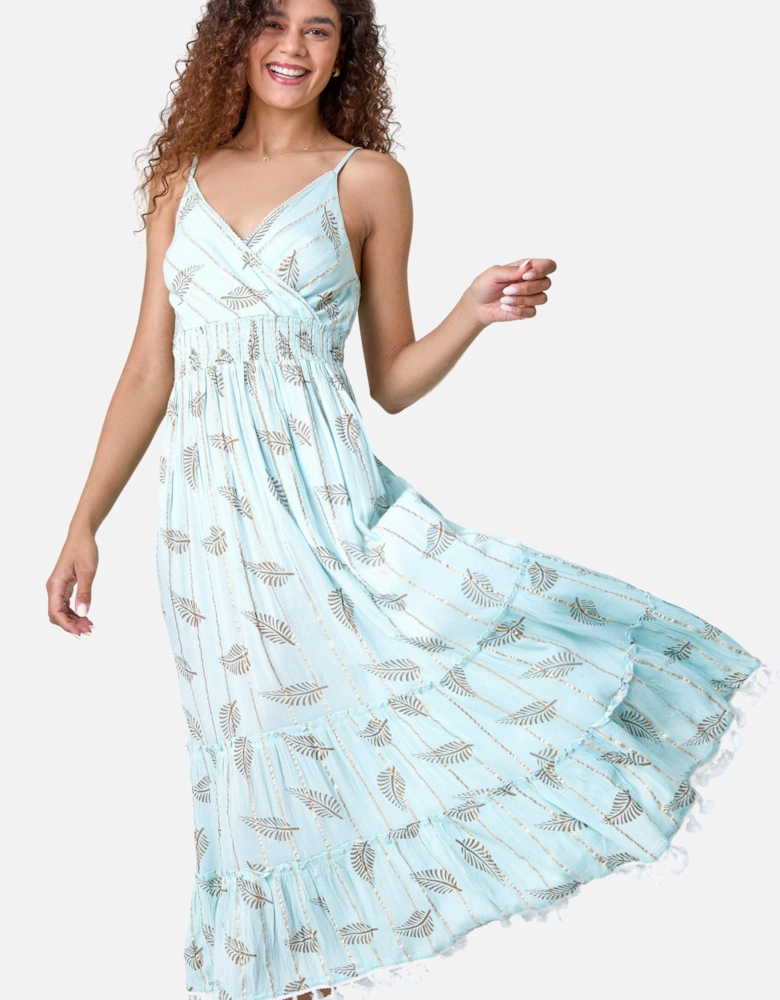 Metallic Leaf Print Shirred Maxi Dress