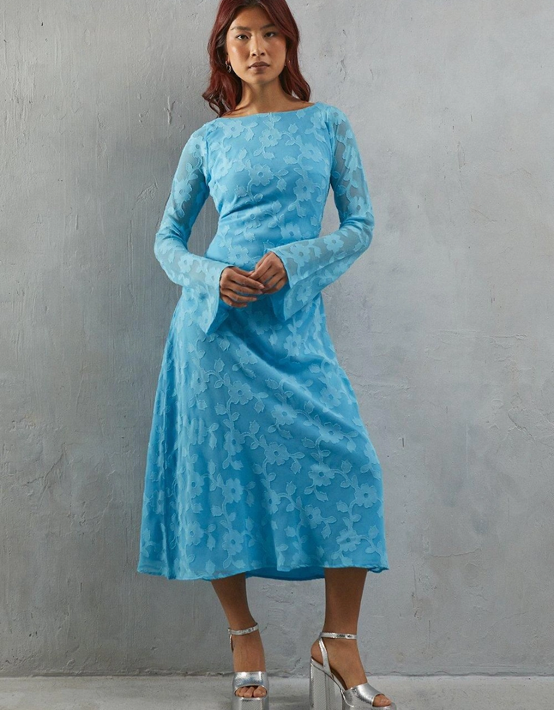 Burnout Chiffon Slash Neck Flutter Sleeve Bias Midi Dress, 2 of 1