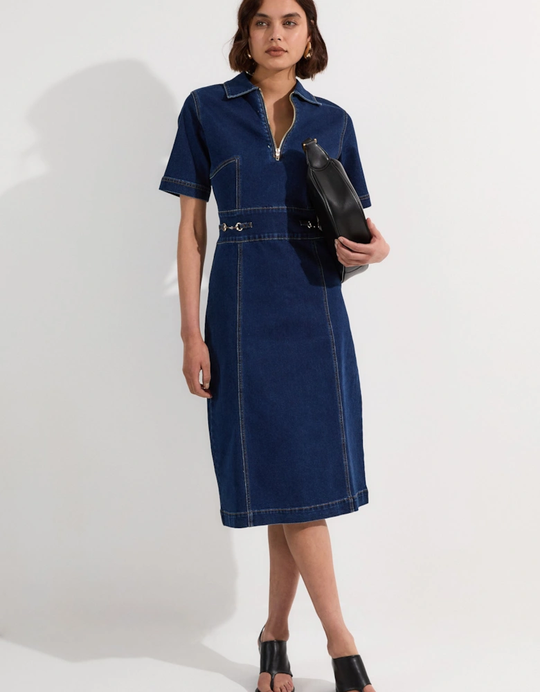 Stretch Denim Snaffle Trim Collared Midi Dress