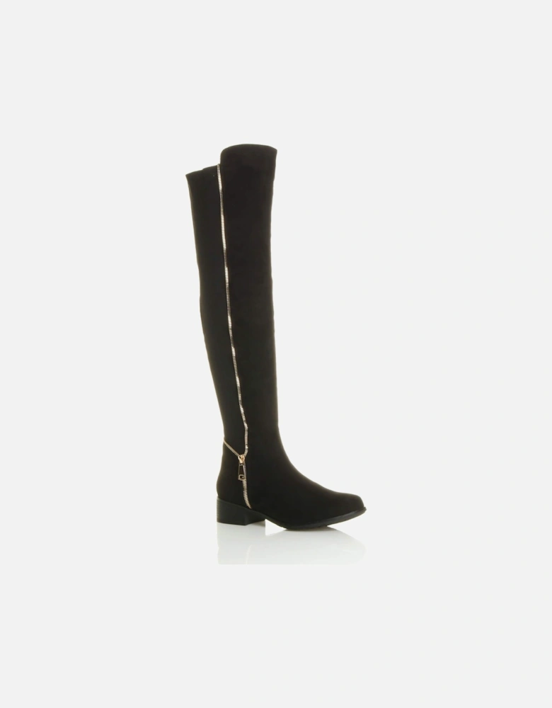 Low Heel Elastic Gold Zip Faux Suede Knee High Boots