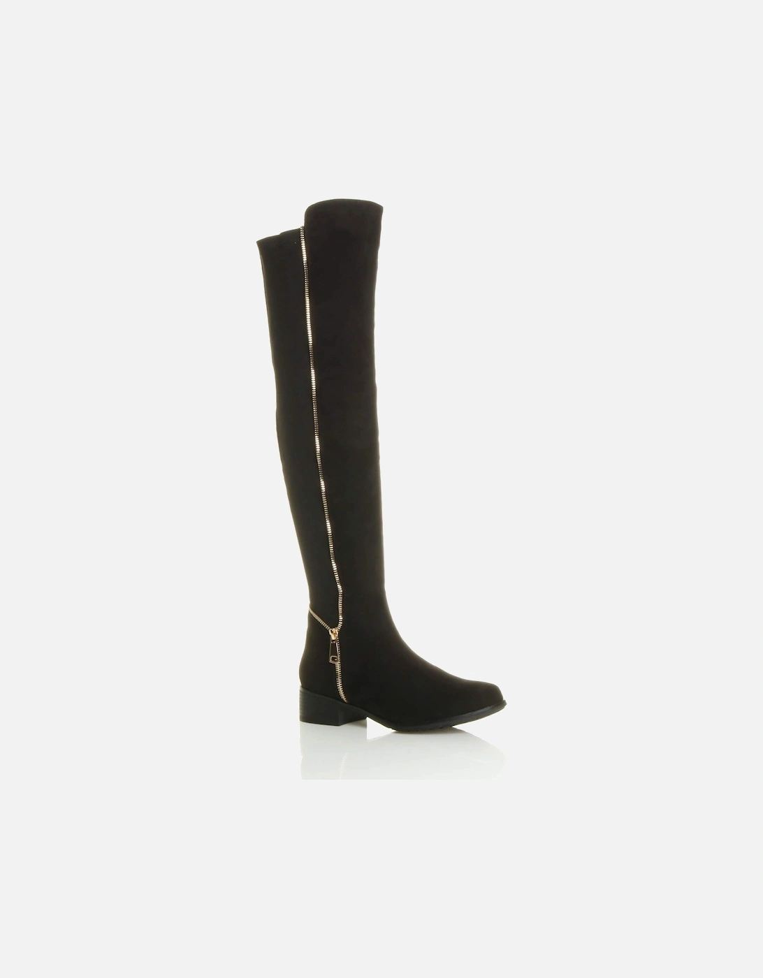 Low Heel Elastic Gold Zip Faux Suede Knee High Boots, 2 of 1