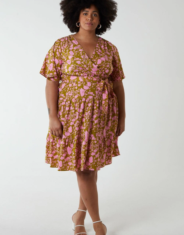 Plus Size Wrap Front Tier Hem Angel Sleeve Dress