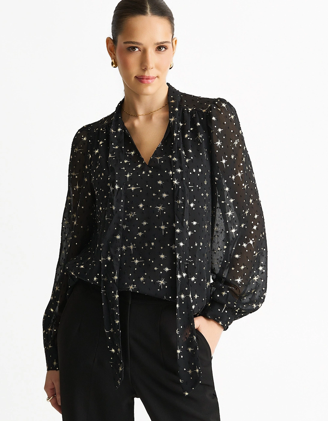 Black Dobby Star Chiffon Tie Neck Blouse, 5 of 4