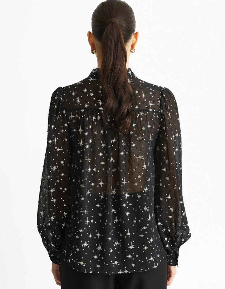 Black Dobby Star Chiffon Tie Neck Blouse