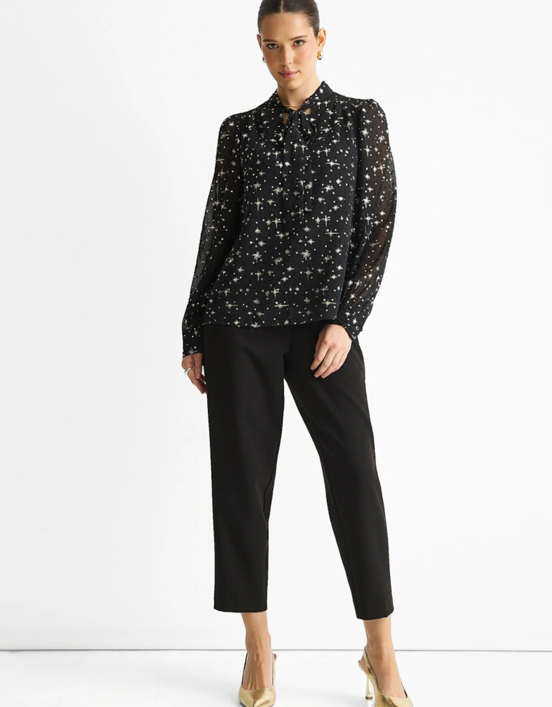 Black Dobby Star Chiffon Tie Neck Blouse