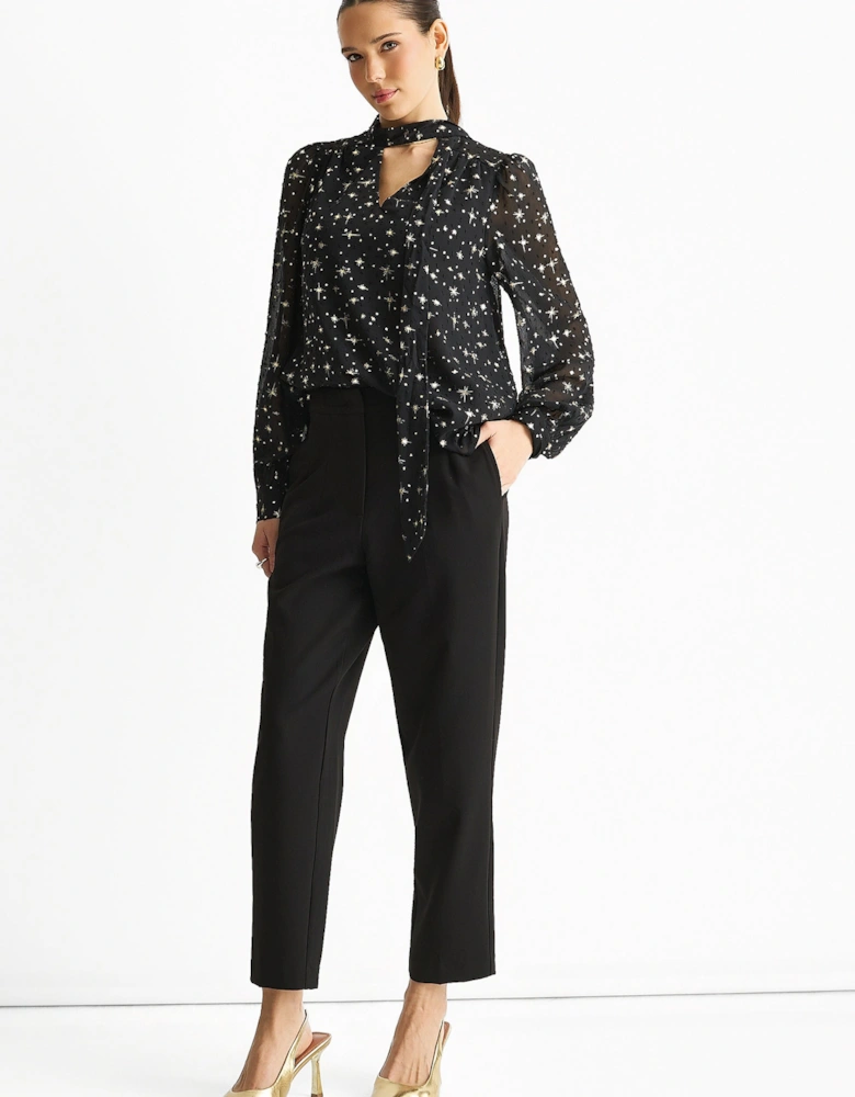 Black Dobby Star Chiffon Tie Neck Blouse
