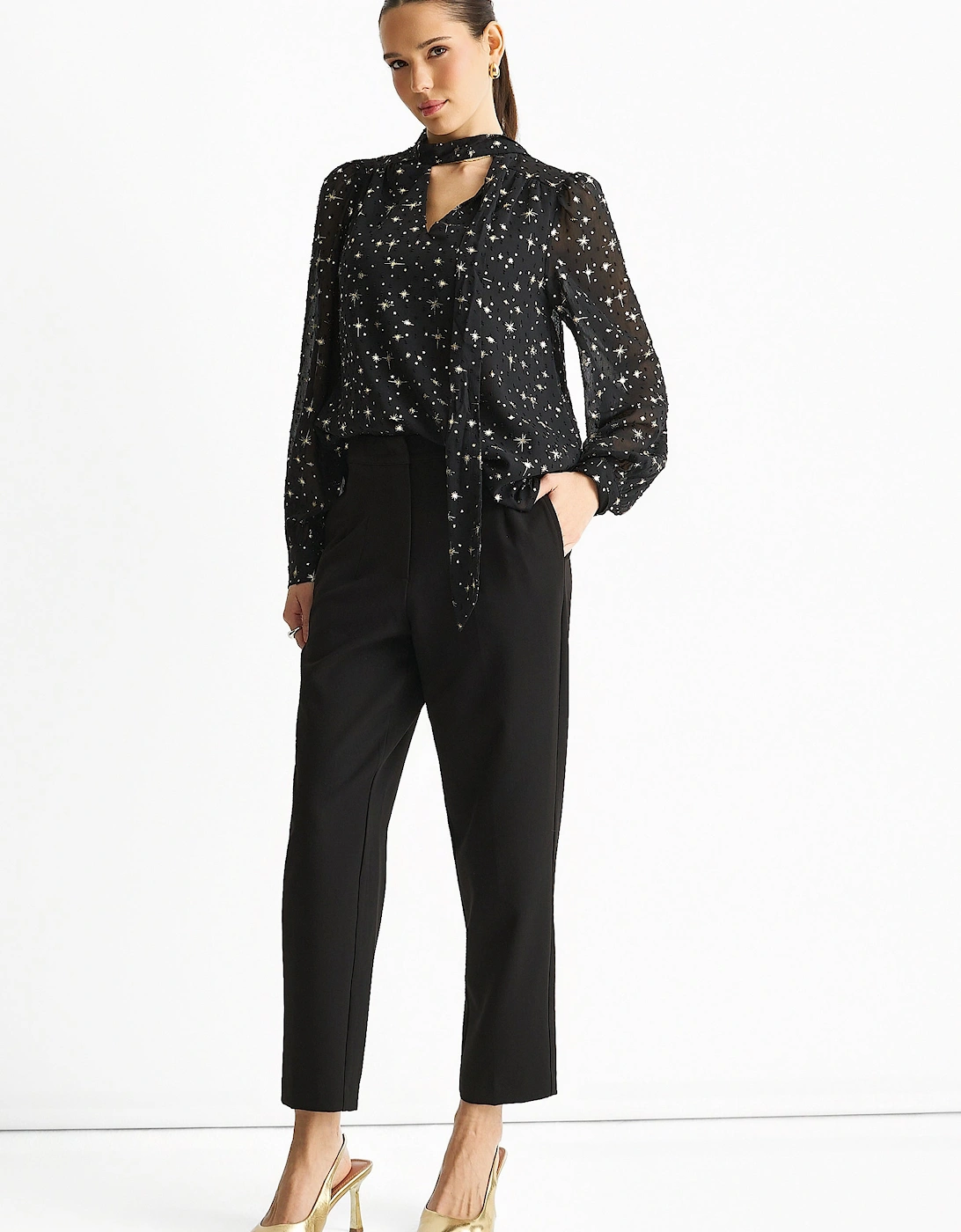 Black Dobby Star Chiffon Tie Neck Blouse