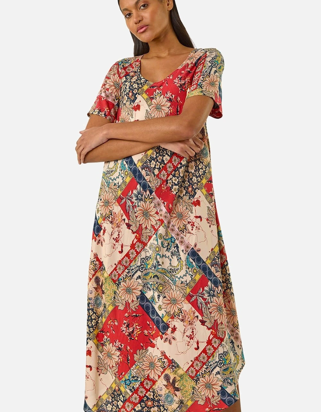 Patchwork Print Curved Hem Midi Dress, 2 of 1