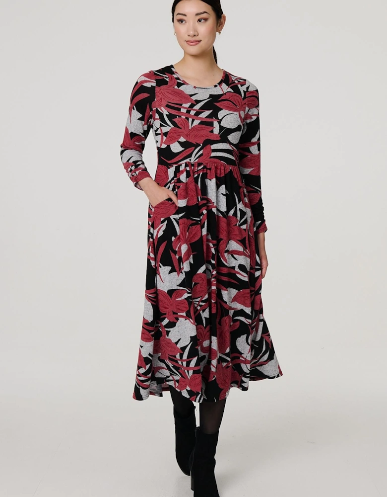 Floral Long Sleeve Pleated Midi Dress