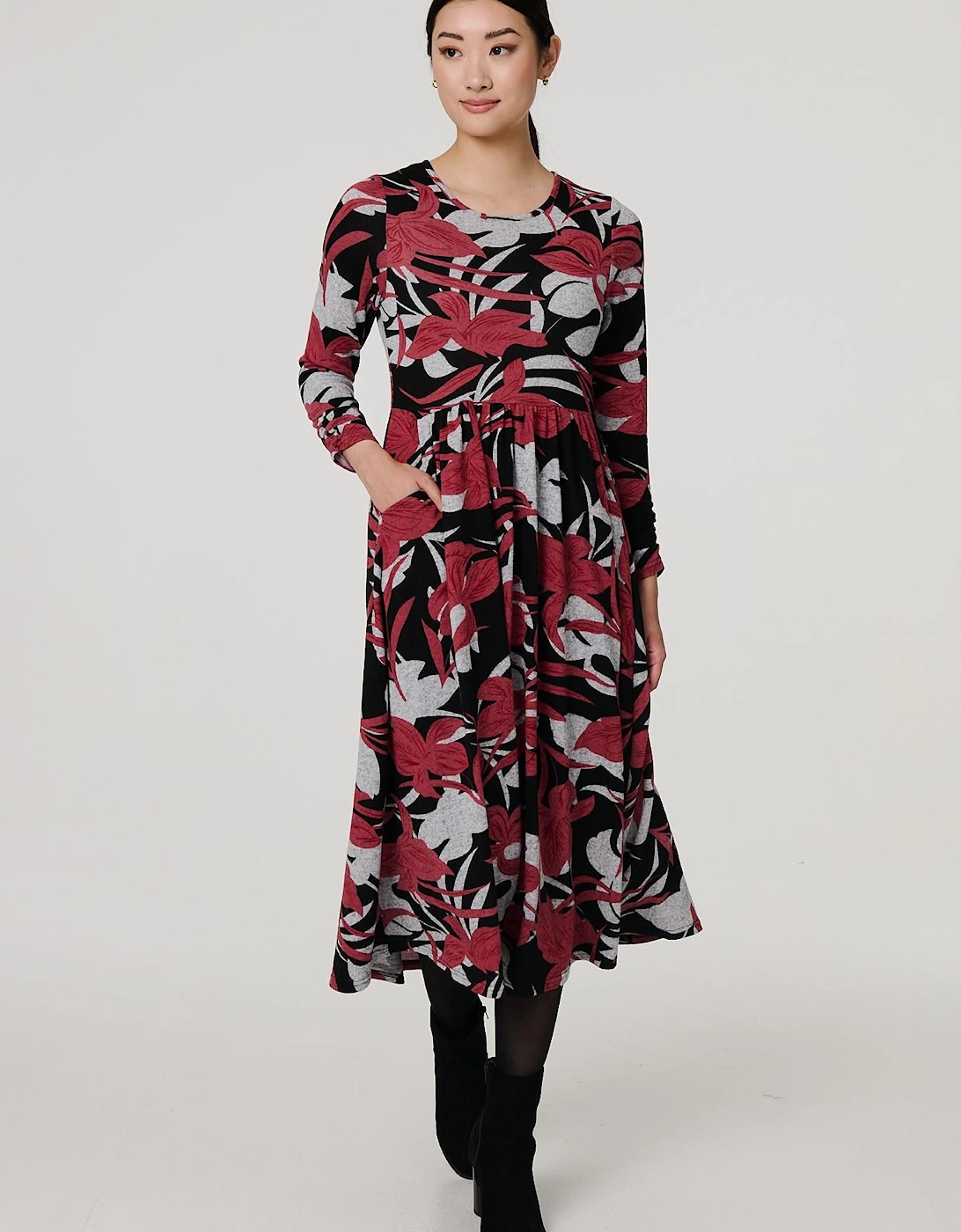 Floral Long Sleeve Pleated Midi Dress, 2 of 1