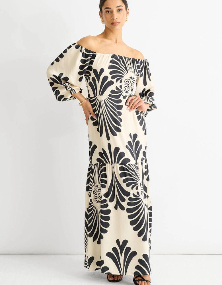Cream Bardot Mono Print Maxi Dress
