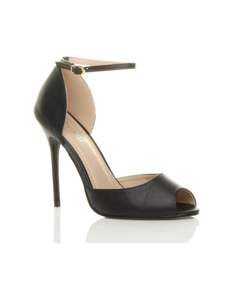 High Stiletto Heel Ankle Strap Peep Toe Faux Leather 2 Part Heels