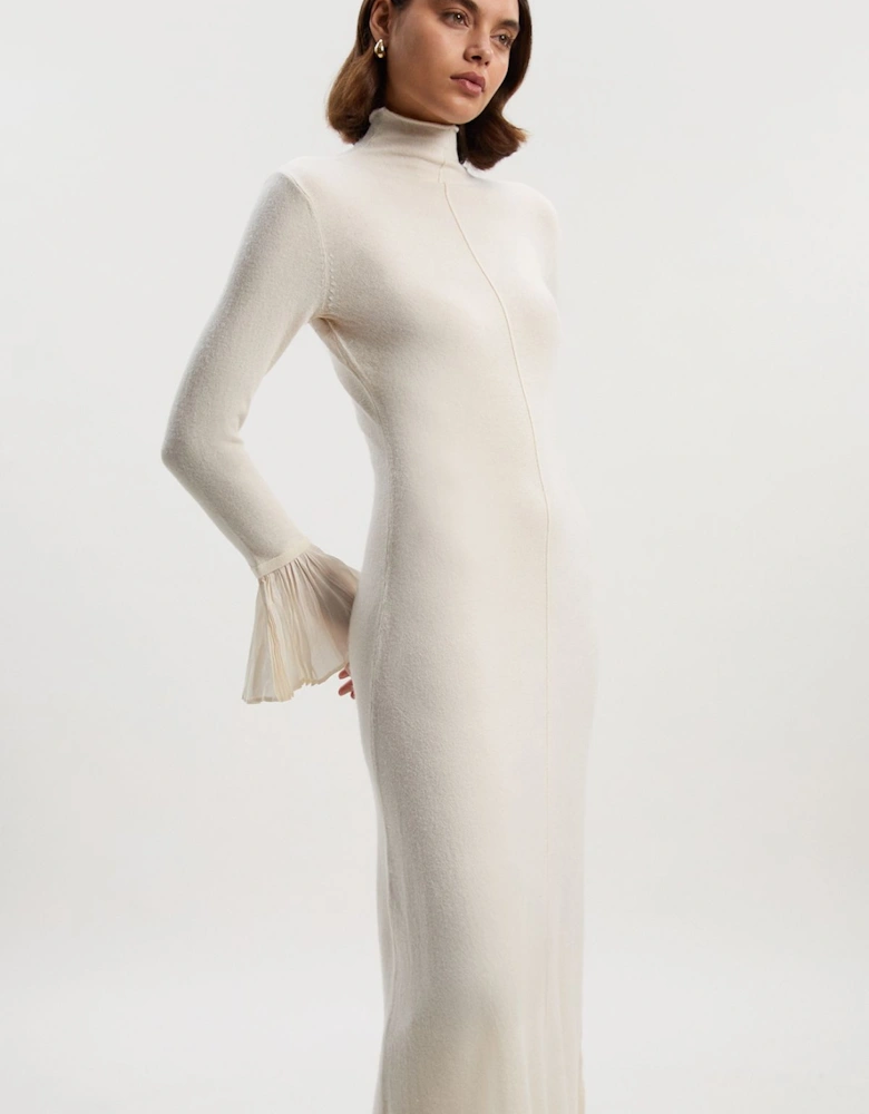 Wool And Alpaca Blend Knit Pleated Silk Woven Cuffs Midi Dress