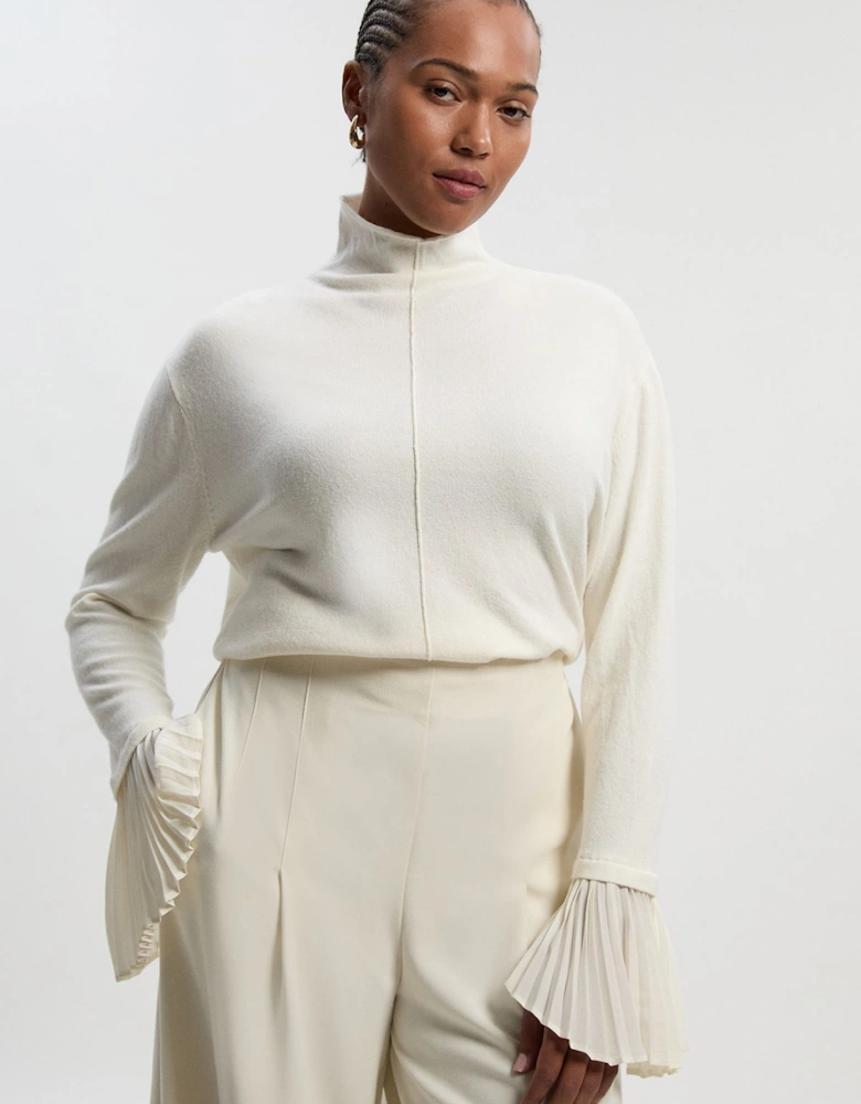 Plus Size Wool And Alpaca Blend Knit Top With Pleated Silk Woven Cuffs
