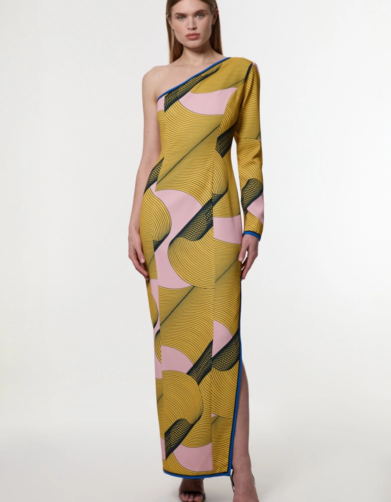Amelia Graham Printed Cady One Shoulder Maxi Dress