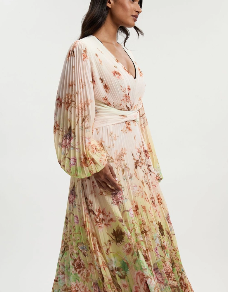 Petite Scattered Floral Balloon Sleeve Pleated Crinkle Cut Out Woven Maxi Dress