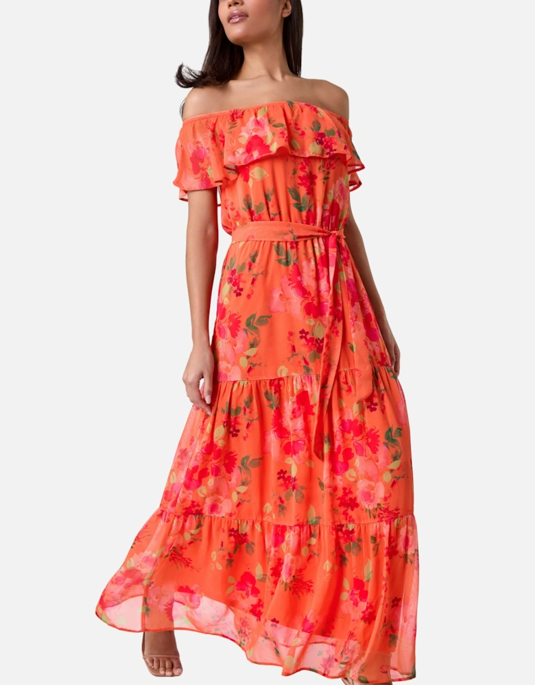 Floral Tiered Bardot Belted Dress