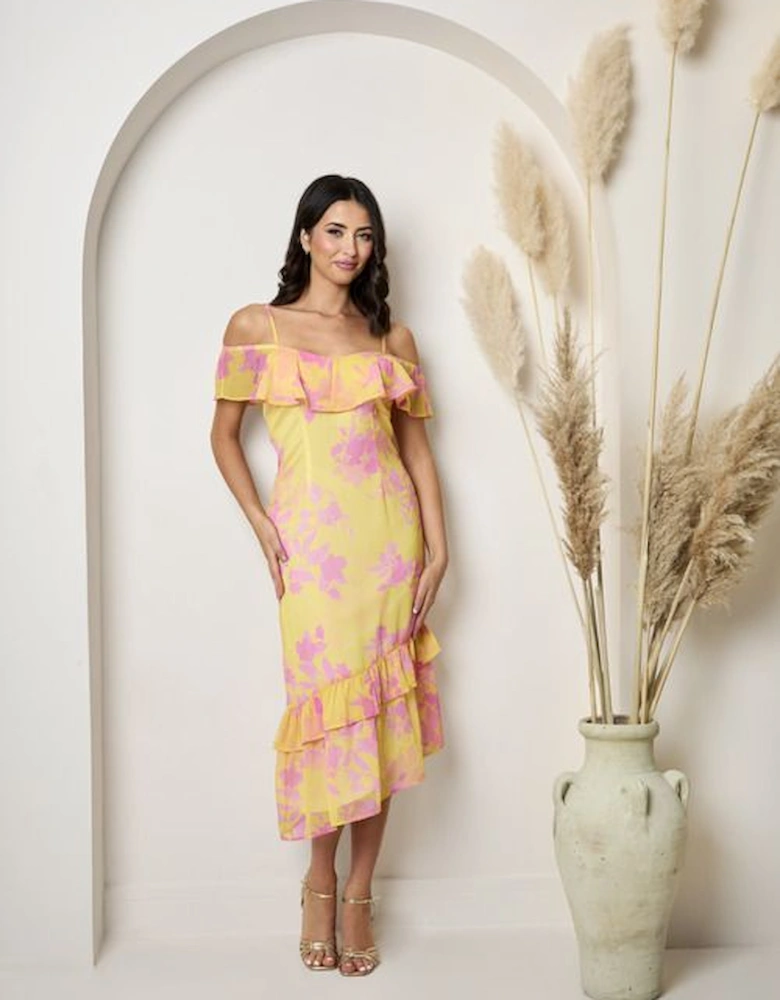 Off The Shoulder Frill Detail Midi Dress in Yellow