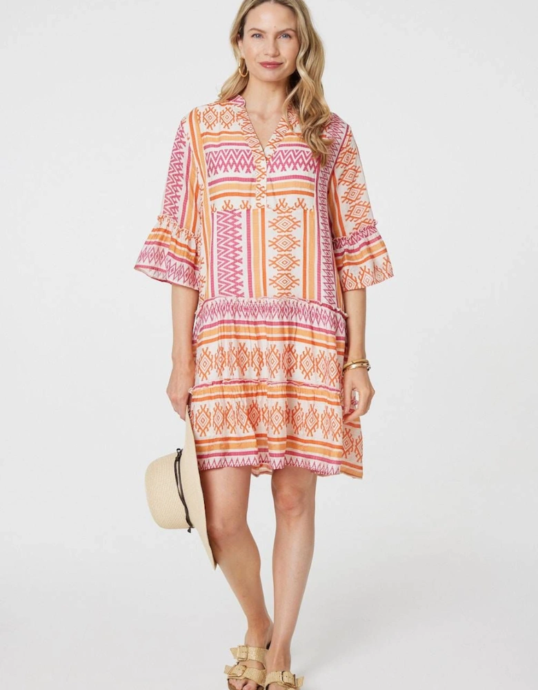 Aztec Print V-Neck 3/4 Sleeve Short Dress